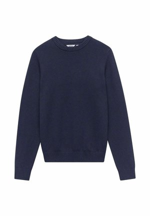 Navy blue knitted sweater with a round neckline, ribbed cuffs and hem, and seamless shoulders. Flat silhouette, no visible patterns or accents.