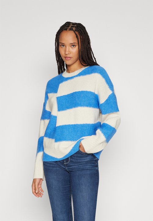 Noisy May chunky open knit jumper in cream & blue stripe