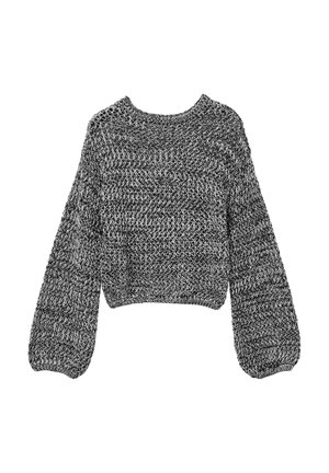 Cropped sweater in black and white knit. Loose fit with wide sleeves and textured pattern. Crew neckline, elastic bottom hem.