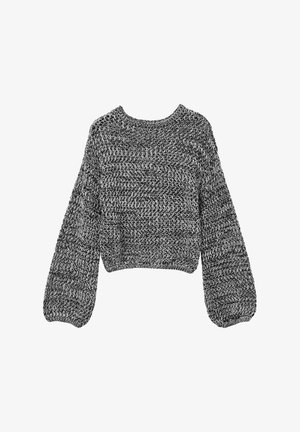 Cropped sweater in black and white knit. Loose fit with wide sleeves and textured pattern. Crew neckline, elastic bottom hem.