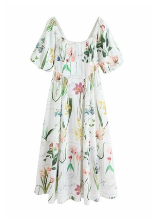 Biele midi šaty s naberanými rukávmi s viacfarebnou botanickou potlačou rôznych kvetov a zelených listov.