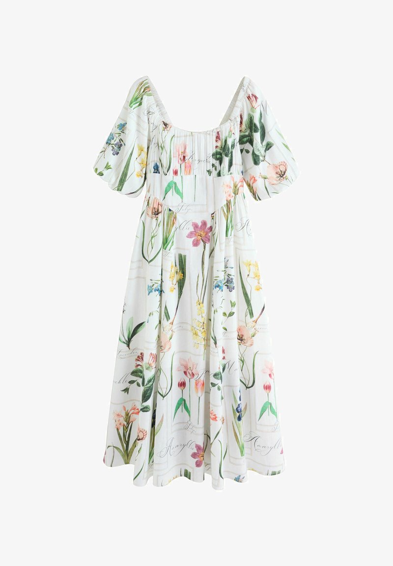 Vestido midi blanco con mangas abullonadas que presenta un estampado botánico multicolor de diversas flores y hojas verdes.
