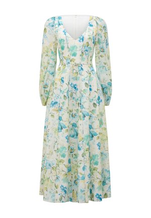 Long-sleeve, V-neck maxi dress with blue and green floral print, cinched waist with drawstring tie, and puffed shoulders.
