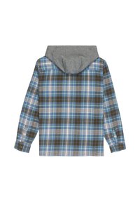 Geruite flanellen overhemd in blauw, grijs en bruin, met een grijze capuchon. Lange mouwen met knoopmanchetten en een rechte zoom. Achteraanzicht weergegeven.