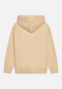 Felpa beige con cappuccio regolabile, maniche lunghe e polsini a costine. Texture liscia con un design semplice e senza loghi o motivi visibili.