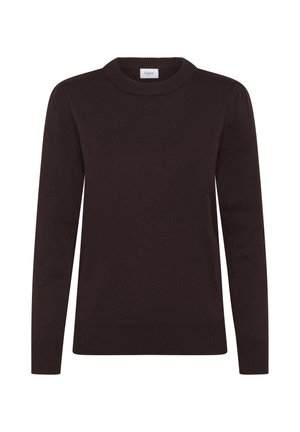 Pulover tricotat de culoare maronie închisă, cu mâneci lungi, guler rotund, borduri și tiv texturat. Prezintă o textură subtilă și un design ajustat.