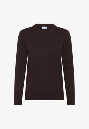 Pulover tricotat de culoare maronie închisă, cu mâneci lungi, guler rotund, borduri și tiv texturat. Prezintă o textură subtilă și un design ajustat.