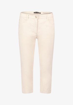 Beige, schmal geschnittene, gekürzte Hose mit vorderen Taschen, Gürtelschlaufen und einem goldenen Knopfverschluss.