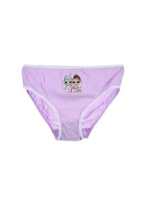 Slip lilac in tessuto con cintura elastica, caratterizzato da una patch decorativa con due personaggi dei cartoni animati sul davanti e orlo in pizzo bianco.