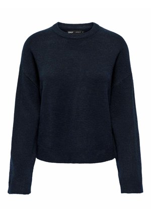 Pull bleu marine à manches longues et col rond, avec une texture tricotée simple et une coupe régulière.