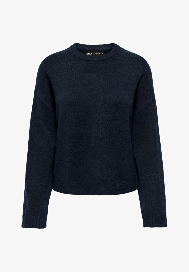 Pull bleu marine à manches longues et col rond, avec une texture tricotée simple et une coupe régulière.