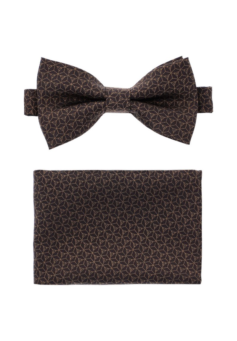 Zestaw muszki w kolorze brązowym z geometrycznym wzorem w odcieniu złotym. Zawiera dopasowaną poszetkę o tym samym wzorze i kolorach.