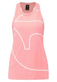 Top senza maniche rosa realizzato in cotone con design grafico a contorno bianco. Presenta un collo rotondo e un retro leggermente allungato.