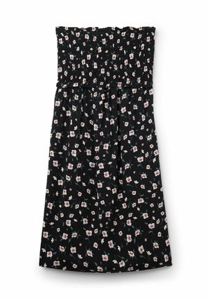 Robe florale noire avec un corsage smocké, ornée de petites fleurs roses et blanches sur un fond sombre. Tissu doux, design à hauteur des genoux.