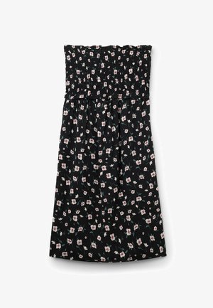 Black floral dress with a smocked bodice, featuring small pink and white flowers on a dark background. Soft fabric, knee-length design.