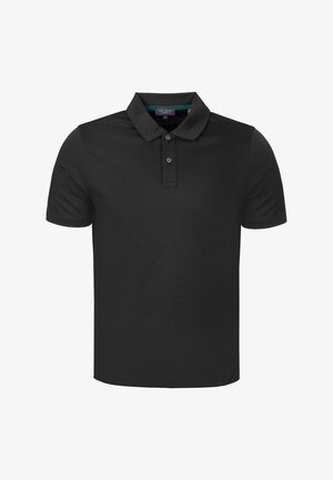 Schwarzes Poloshirt mit kurzen Ärmeln, zweiknöpfiger Knopfleiste, umgeschlagenem Kragen und Ted Baker-Label innen am Kragen.