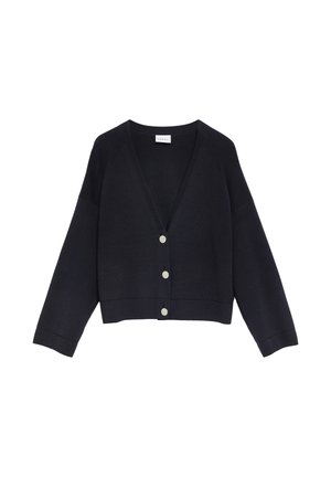 Czarny krótki kardigan z długimi rękawami, dekoltem w serek i trzema srebrnymi guzikami z przodu na białym tle.