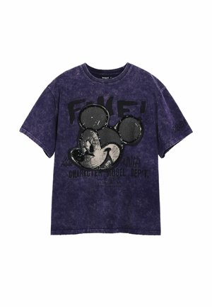 Purple cotton t-shirt with a faded finish, featuring a graphic of a cartoon character's face and bold text. Short sleeves and crew neck design.