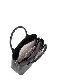 Black structured handbag with dual handles, smooth exterior, and a light gray interior featuring multiple pockets and a zippered compartment.