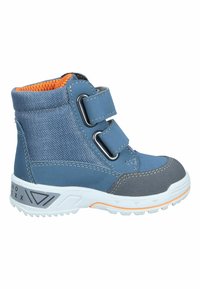 Blaue High-Top-Schuhe mit einem Obermaterial aus Textil und Synthetik, orangefarbenen Akzenten, zwei Klettverschlüssen und einer strukturierten weißen Außensohle.