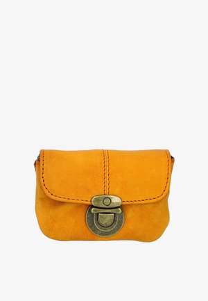 Small mustard yellow leather coin purse with visible stitching and antique brass clasp on white background.