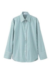Striped button-up shirt in teal and white, featuring long sleeves, a classic collar, and contrasting cuff detailing. Soft fabric texture.