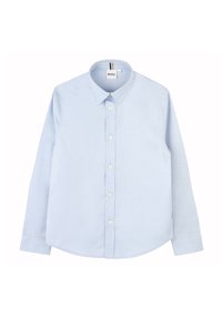 Camicia azzurro chiaro a maniche lunghe in cotone, con colletto abbottonato, chiusura frontale con bottoni e logo ricamato discreto sul petto.