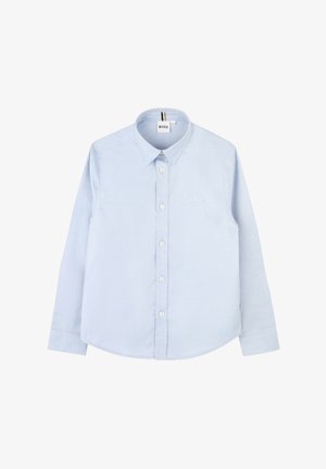 Camicia azzurro chiaro a maniche lunghe in cotone, con colletto abbottonato, chiusura frontale con bottoni e logo ricamato discreto sul petto.