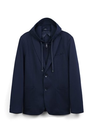 Giacca blu navy con cappuccio, dotata di due tasche frontali, una tasca sul petto e chiusura a bottoni. Il tessuto ha una texture liscia.