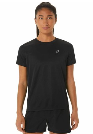 Schwarzes Sport-T-Shirt mit kurzen Ärmeln und Rundhalsausschnitt, aus leichtem Stoff, mit einem kleinen silbernen Logo auf der Brust.