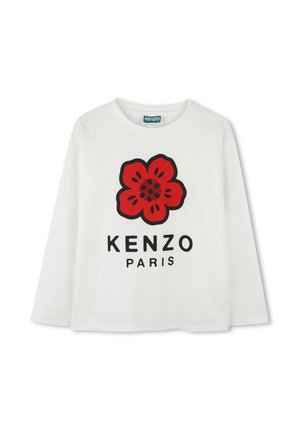 Weißes Langarm-T-Shirt mit rotem Blumenmuster und schwarzem "KENZO PARIS"-Text; runder Halsausschnitt und weiches Baumwollmaterial.