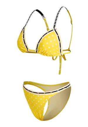 Conjunto de bikini amarillo con lunares que incluye un top triangular con tirantes ajustables y una braguita de talle alto a juego con ribetes en contraste.