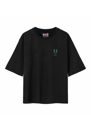 Czarny T-shirt z krótkim rękawem, z małym miętowym nadrukiem dwóch lotek i kształtu fali na lewej piersi, rozmiar średni.