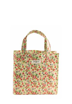 Bolso tote con fondo amarillo y patrón floral colorido, dos asas y una etiqueta "Cath Kidston London" en el frente.