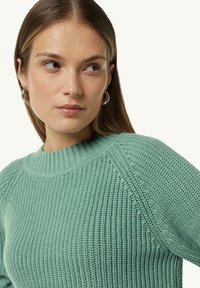 Mintgrüner gestrickter Pullover mit Rippenstruktur, rundem Halsausschnitt und Raglanärmeln. Verfügt über ein dezentes, strukturiertes Muster über das gesamte Oberteil.