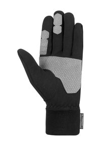 Schwarze Handschuhe mit einer strukturierten grauen Silikonfläche und Akzenten an den Fingerspitzen. Verfügt über einen engen Bund und verstärkte Bereiche für Langlebigkeit.