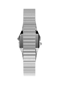 Silver stainless steel watch with a brushed finish, rectangular face, and a textured link bracelet. Side view shows depth and sleek design.