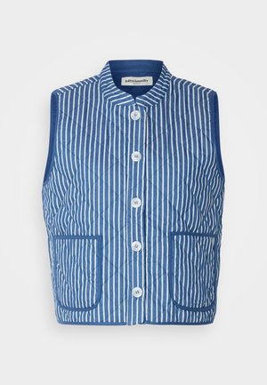Gilet matelassé bleu avec des rayures verticales blanches, un col mandarin, des boutons à l'avant et deux poches plaquées. Texture de tissu douce.