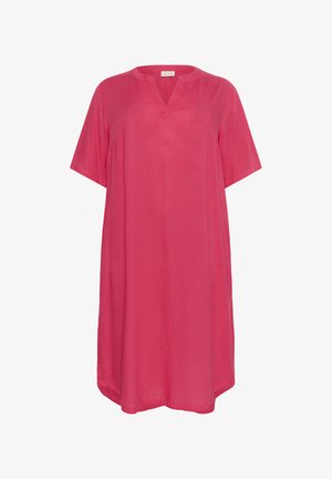 Roosa lahtise lõikega kleit lühikeste varrukatega, V-kaelusega, valmistatud kergest kangast, sirge hemiga ja lihtsa disainiga.