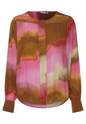 Ilgi piedurkņu blūze caurspīdīgā audumā ar rozā, brūnu un olīvu abstraktu akvareļu rakstu, ar apaļu kakla izgriezumu un pogu aizdari.