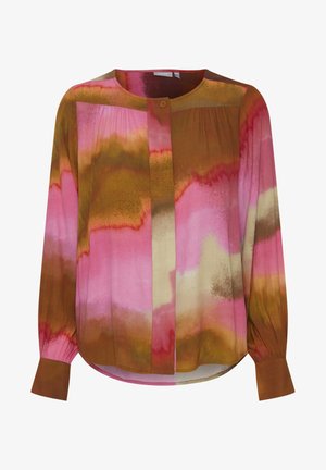 Ilgų rankovių bluzonė iš permatomo audinio, kuriame yra rožinė, ruda ir alyvinė abstrakti akvarelės raštas, su apvalia iškirpte ir mygtukų užsegimu.