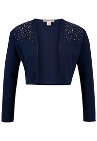 Marinblå kort cardigan med långa ärmar, öppen framsida och dekorerade axlar med utspridda rhinestones för extra detalj. Slät tygtextur.