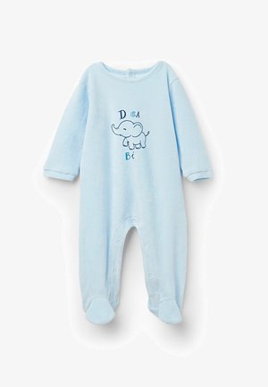 Hellblaues Baumwoll-Overall mit langen Ärmeln, Druckknopfverschlüssen und einem Elefant-Grafik mit dem Text "Träume groß". Weiche Textur und gefüttertes Design.