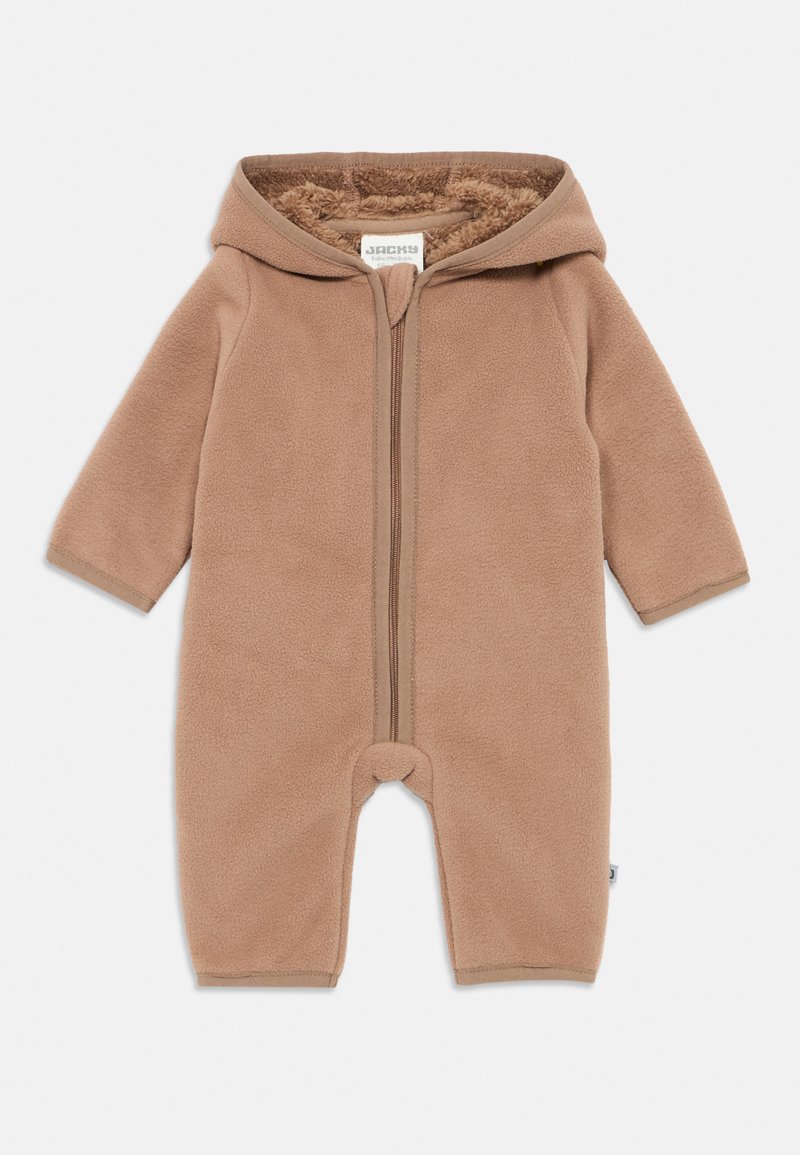 Bež flis enodelnica z zadrgo spredaj, kapuco in mehkimi notranjimi oblogami. Ima dolge rokave in brez nogavic.