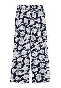 Pantalone širokog kroja s cvjetnim uzorkom u tamnoplavoj i bijeloj boji; elastična vrpca u struku; lagani materijal; sadrži veliki uzorak bijelih cvjetova i lišća.