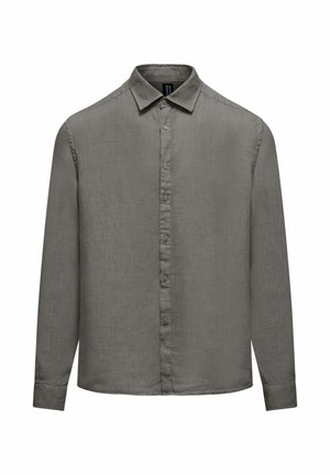 Herenoverhemd met lange mouwen en knopen in grijs, met klassieke kraag en zichtbare knopenbies aan de voorkant.
