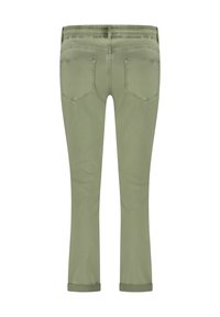 Olijfgroene broek met een elastische tailleband, aansluitend ontwerp en ronde manchetten. Voorzien van twee achterzakken en een gladde, zachte stoftextuur.