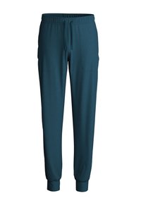 Turquoise joggingbroek met een elastische tailleband en koord, voorzien van geribbelde boorden en twee zijzakken, gemaakt van zachte stof.