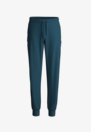 Turquoise joggingbroek met een elastische tailleband en koord, voorzien van geribbelde boorden en twee zijzakken, gemaakt van zachte stof.