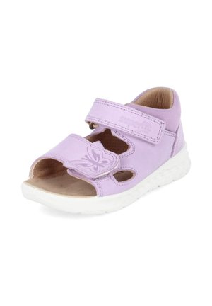 Light purple toddler sandal with two adjustable straps, butterfly detail on front strap, and white textured sole.